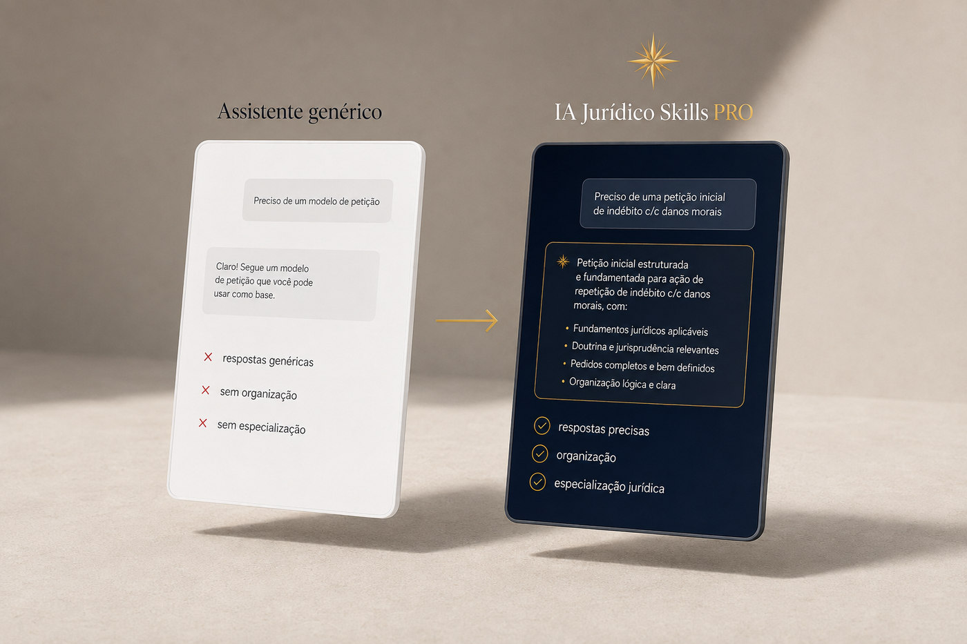 Comparação lado a lado: à esquerda, um assistente genérico devolve um modelo de petição vago; à direita, o IA Jurídico Skills PRO entrega uma petição inicial estruturada, com fundamentos, jurisprudência e pedidos definidos