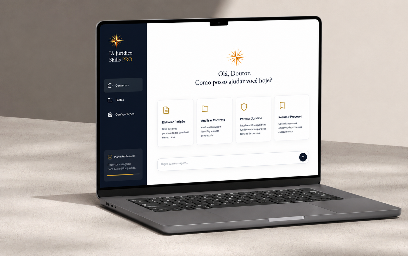 Notebook exibindo a interface do IA Jurídico Skills PRO, com a saudação “Olá, Doutor. Como posso ajudar você hoje?” e os atalhos Elaborar Petição, Analisar Contrato, Parecer Jurídico e Resumir Processo